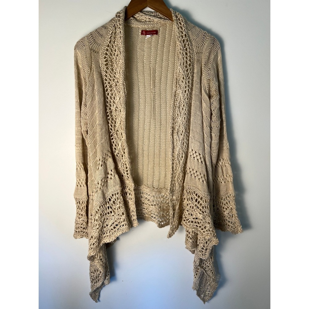 C.J. Banks Cardigan 1X Tan Pointelle Sharkbite Hem Sweater Boho Earthy Cottage